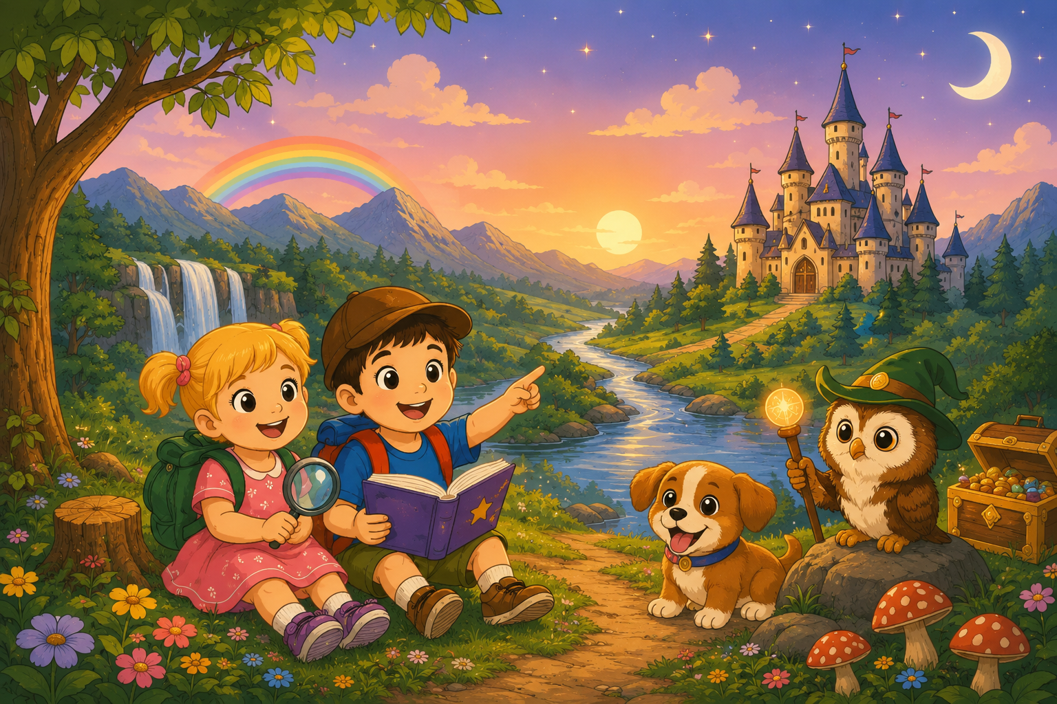 Kids on a magical animal adventure banner illustration