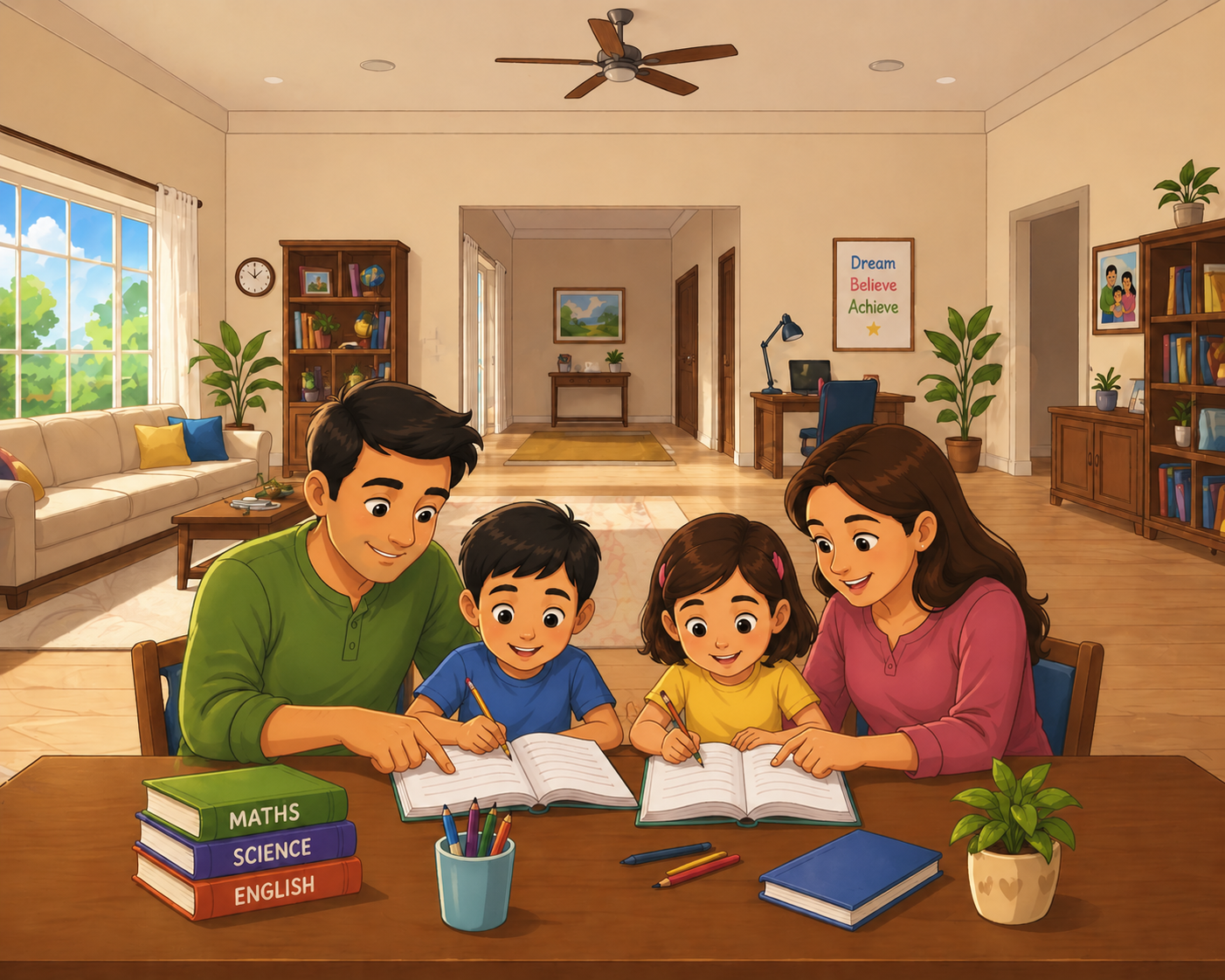 Family helping children study together at home