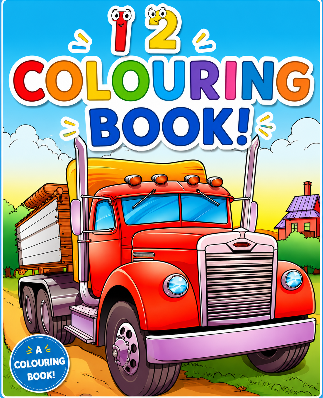 Cartoon red semi-truck on a country road